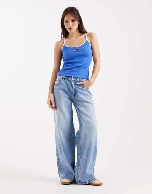 Tommy Jeans badge slim fit strappy tank top in blue, 3 of 4
