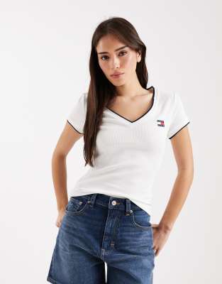 Tommy Jeans Badge Slim Fit V-neck T-shirt In White