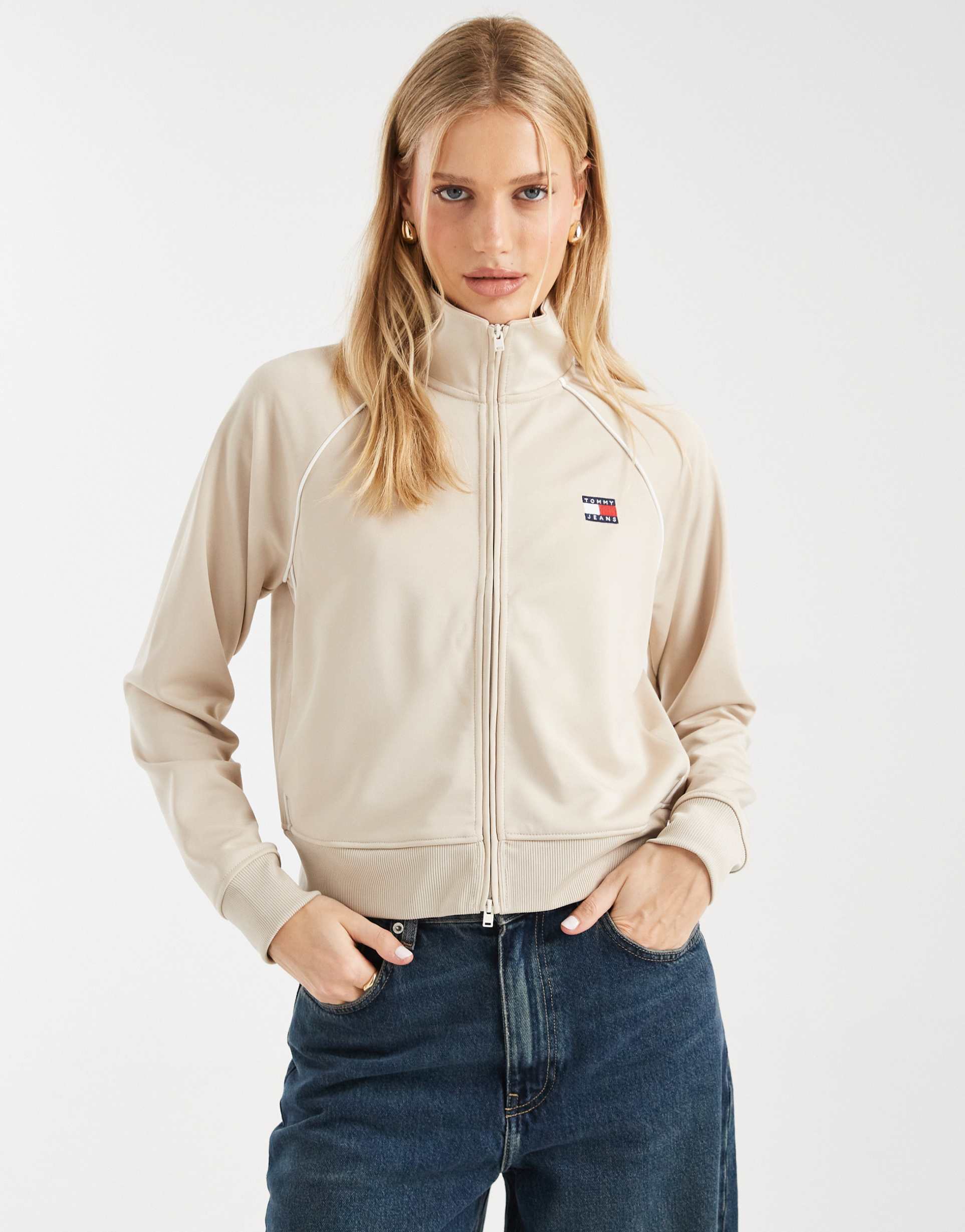tommy jeans badge sporty track jacket in beige