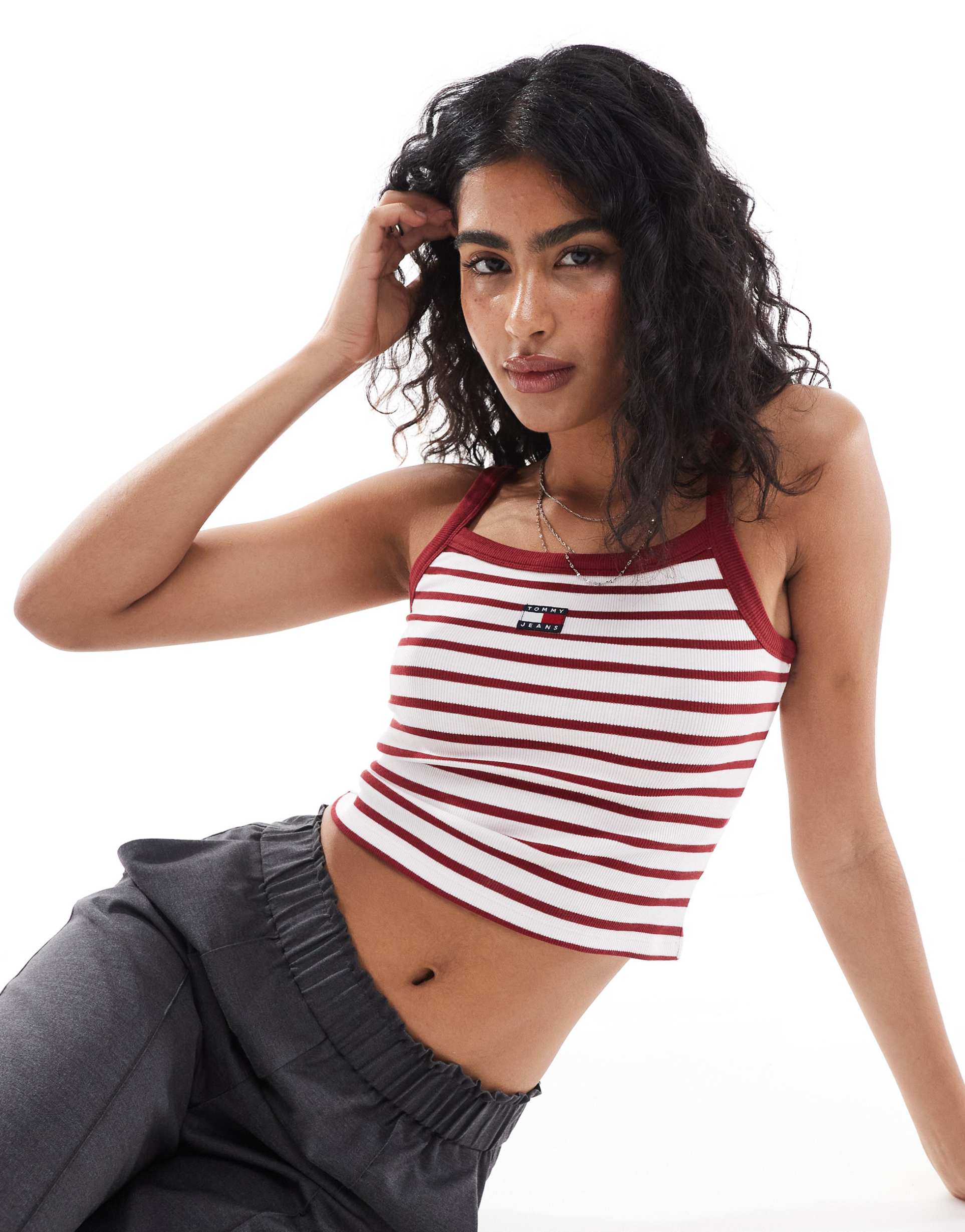 tommy jeans badge strappy tank top in red stripe