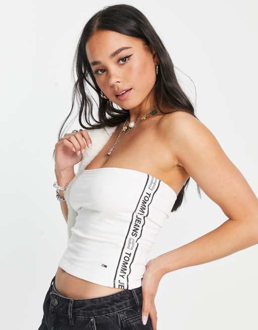 Tommy Jeans – Bandeau-Oberteil in Weiß mit seitlichem Zierstreifen