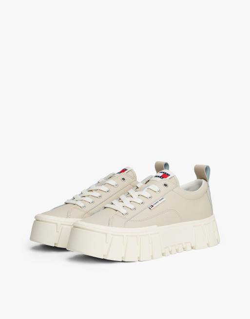 Tommy Jeans - Baskets en cuir mélangé à plateforme crantée - Beige