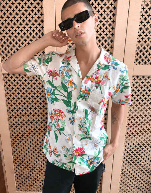 Tommy Jeans – Beige kortärmad skjorta med blommönster
