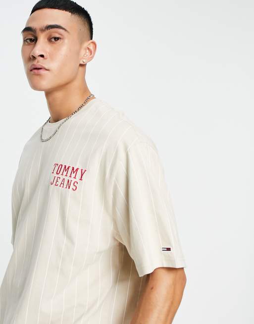 Tommy Jeans – Beige, kritstrecksrandig t-shirt i oversize