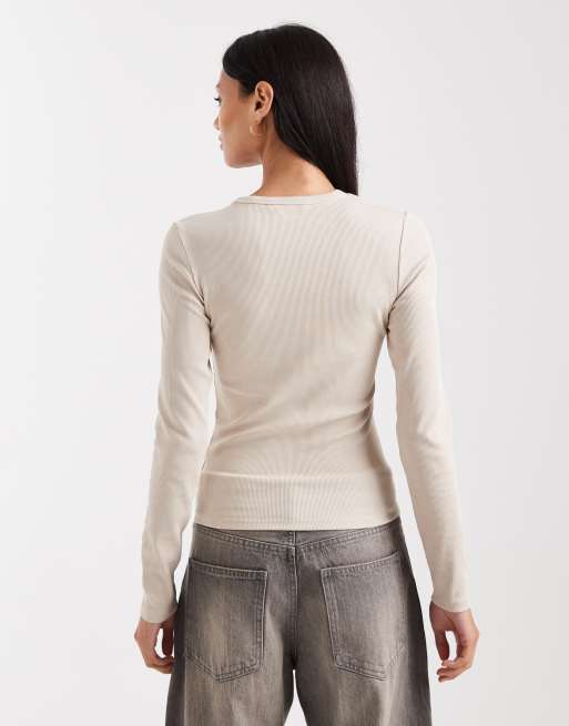 Tommy Jeans – Beige t-shirt med långa ärmar och märke, 4 av 4