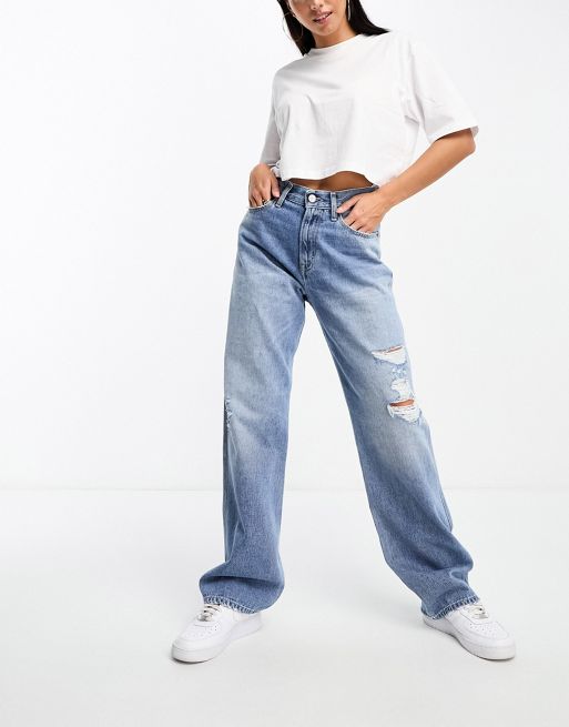 Tommy Jeans betsy mid rise loose ripped jean in mid wash | ASOS