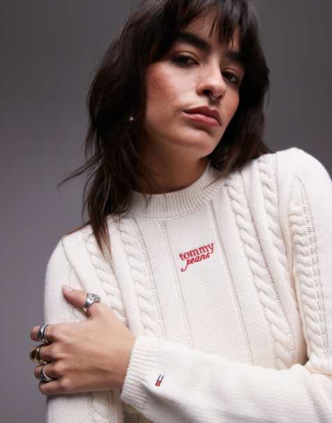 Tommy Jeans cable knit jumper in white and red