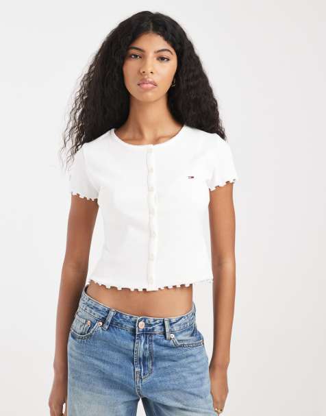 Tommy Jeans – Biały prążkowany T-shirt z guzikami - view 1