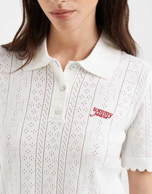 Tommy Jeans – Biały sweter z dzianiny pointelle z kołnierzykiem polo, 3 z 4