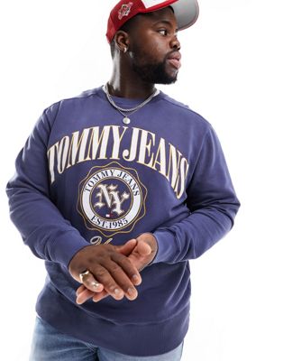 Tommy Jeans Big & Tall boxy luxe varsity crewneck sweatshirt in navy