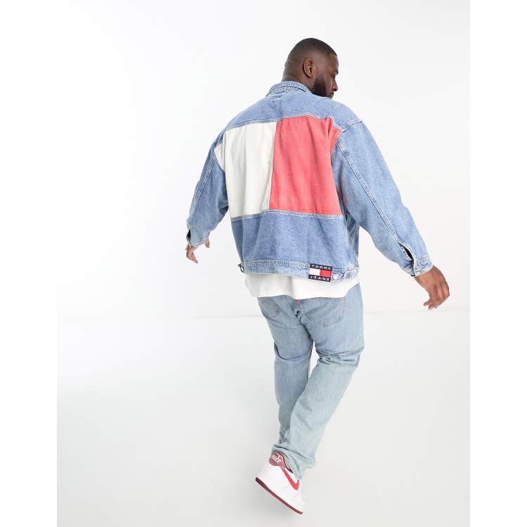 Tommy Jeans flag print oversized denim trucker jacket in mid wash