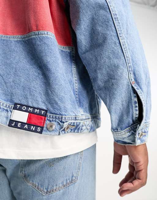 Tommy Jeans flag print oversized denim trucker jacket in mid wash