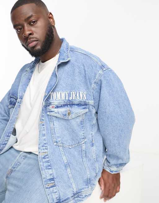 Tommy Jeans flag print oversized denim trucker jacket in mid wash