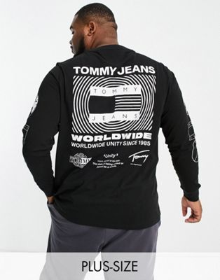 Tommy Jeans Big & Tall unitee flag back print long sleeve top classic fit in black