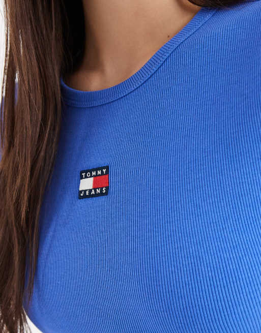 Tommy Jeans – Blå, ribbad t-shirt med smal passform och logga, 3 av 4