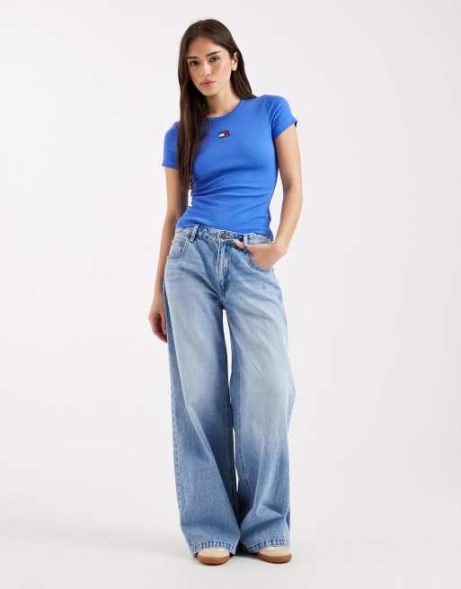 Tommy Jeans – Blå, ribbad t-shirt med smal passform och logga, 4 av 4