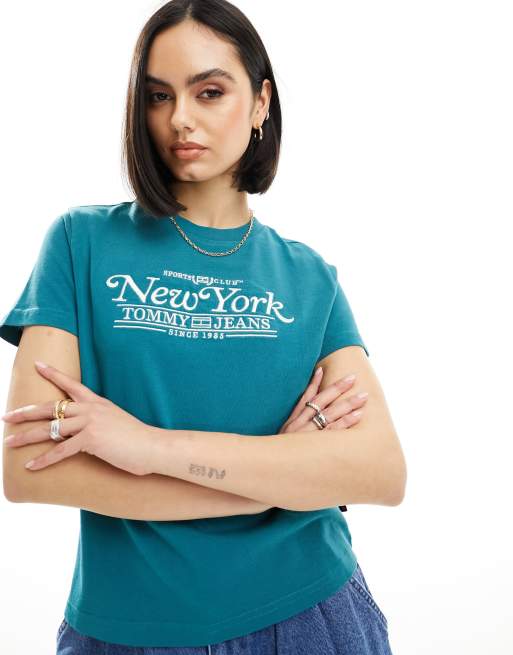 Tommy Jeans – Blågrön t-shirt i regular fit med collegelogga