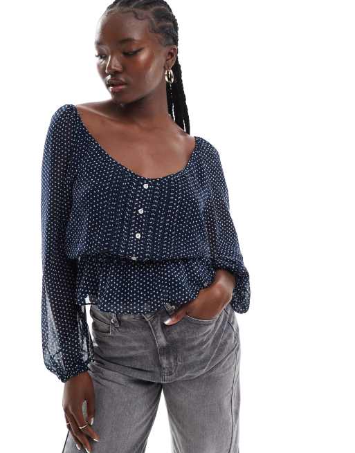 Tommy Jeans - Blouse ajustée à volants et imprimé étoiles - Bleu foncé