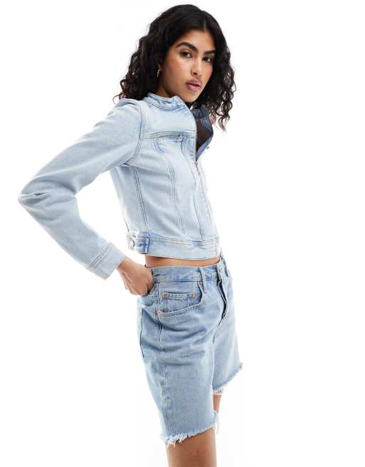 Tommy Jeans - Blouson style motard en jean - Bleu clair délavé