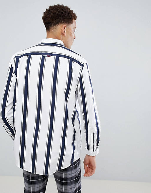 Tommy Jeans bold icon stripe shirt flag logo relaxed regular fit in  white/black