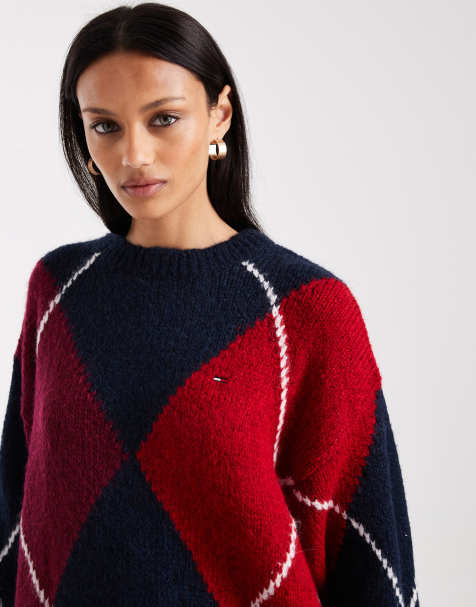 Tommy Jeans - Bordeaux og marineblå trøje med argyle-tern - view 1