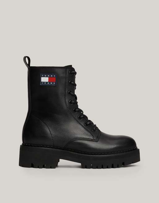 Tommy Jeans - Bottes à lacets en cuir avec grosse semelle crantée - Noir