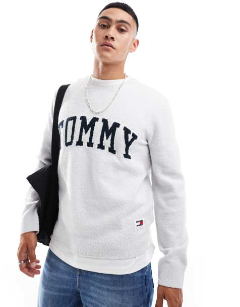 Tommy Jeans boucle varsity jumper in light grey - view 1