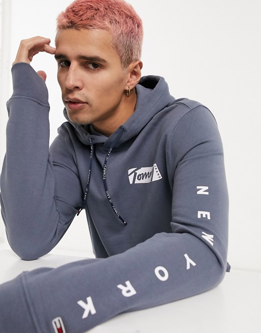 Tommy Jeans box front and sleeve logo hoodie in blue