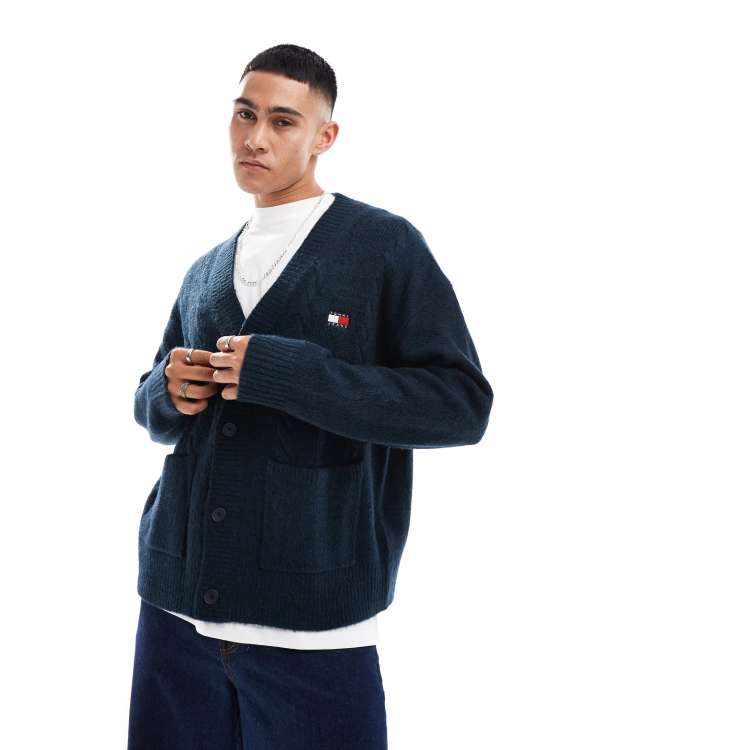 Tommy Jeans boxy badge cable knit cardigan in navy | ASOS