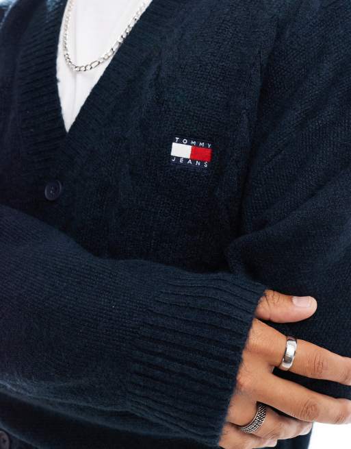 Tommy Jeans boxy badge cable knit cardigan in navy ASOS