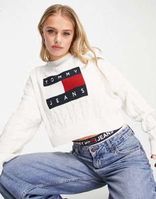 Tommy Jeans boxy flag logo cable knit jumper in off white