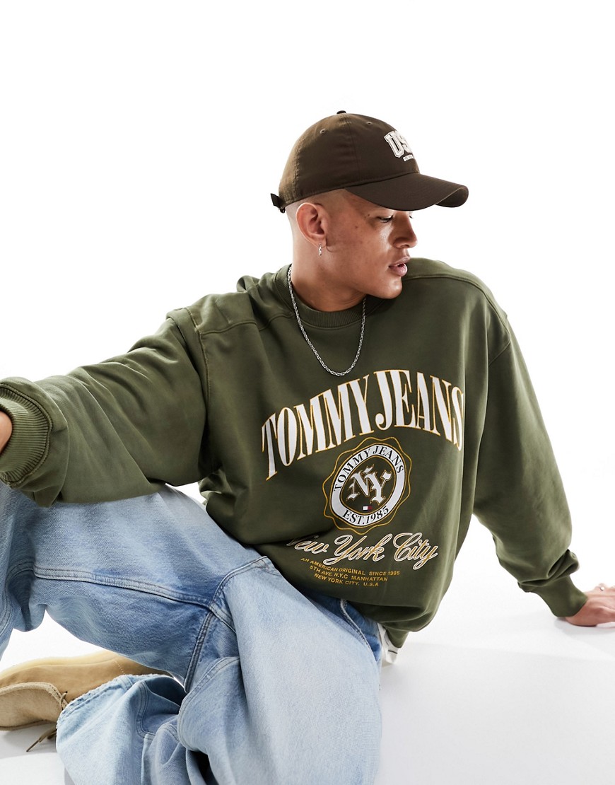 Tommy Jeans boxy luxe varsity crewneck sweatshirt in olive green