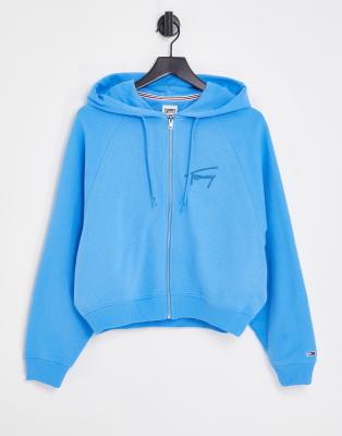 Tommy Jeans boxy signature logo zip through hoodie in blue | ASOS