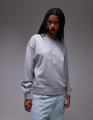 boxy varsity logo crew neck sweater in gray