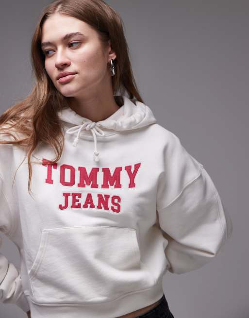 Tommy Jeans boxy varsity logo hoodie in off white and red, 2 of 4