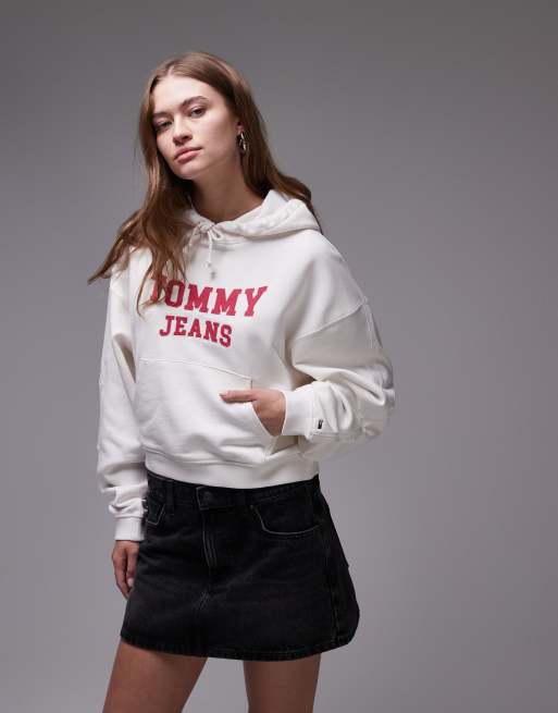 Tommy Jeans boxy varsity logo hoodie in off white and red, 4 of 4