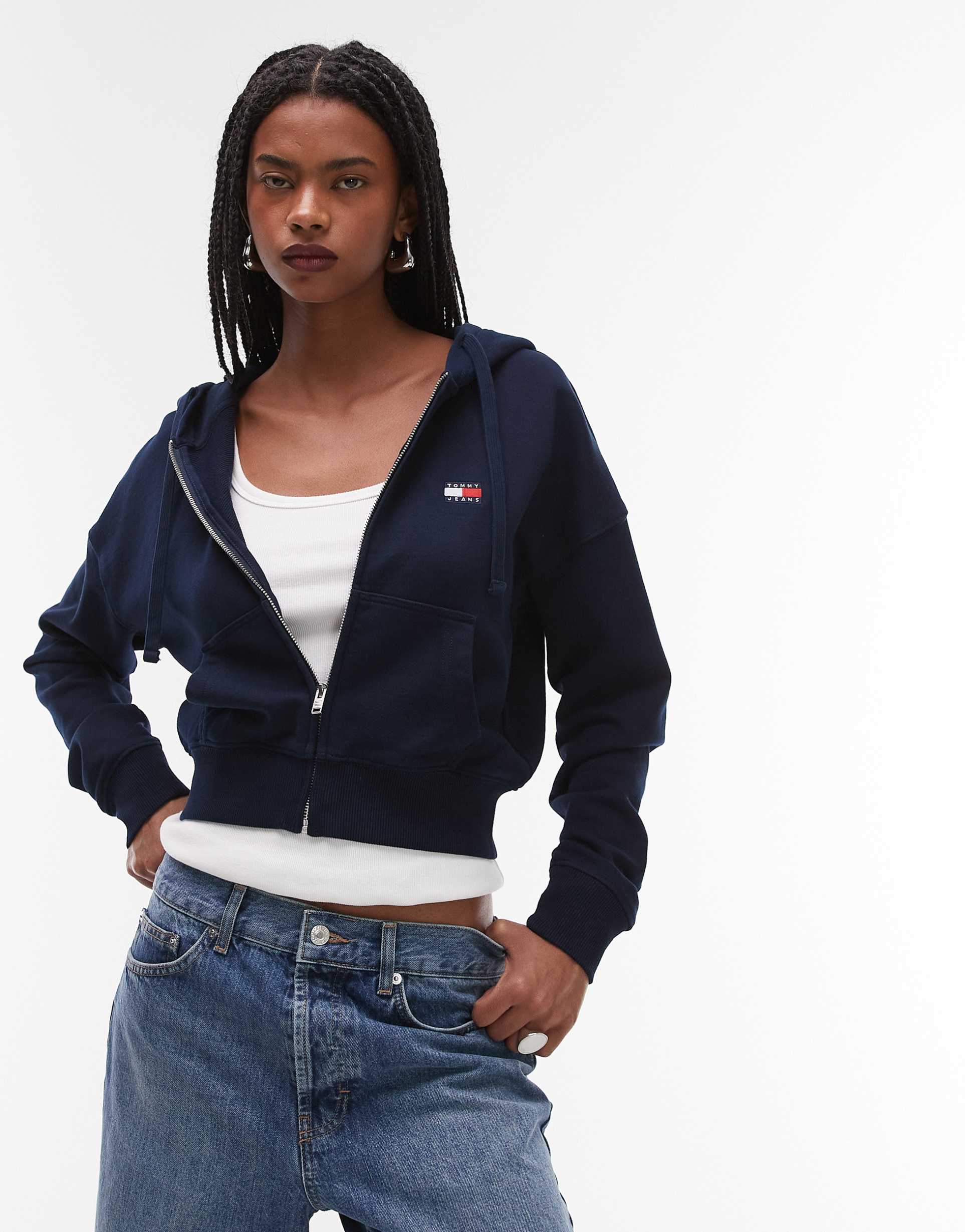 tommy jeans boxy zip up hoodie in navy