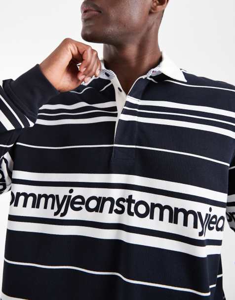 Tommy Jeans branded relaxed fit rugby shirt in navy stripe - view 1