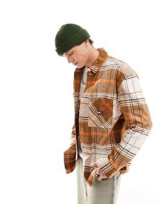 Tommy Jeans brushed check logo overshirt in khaki