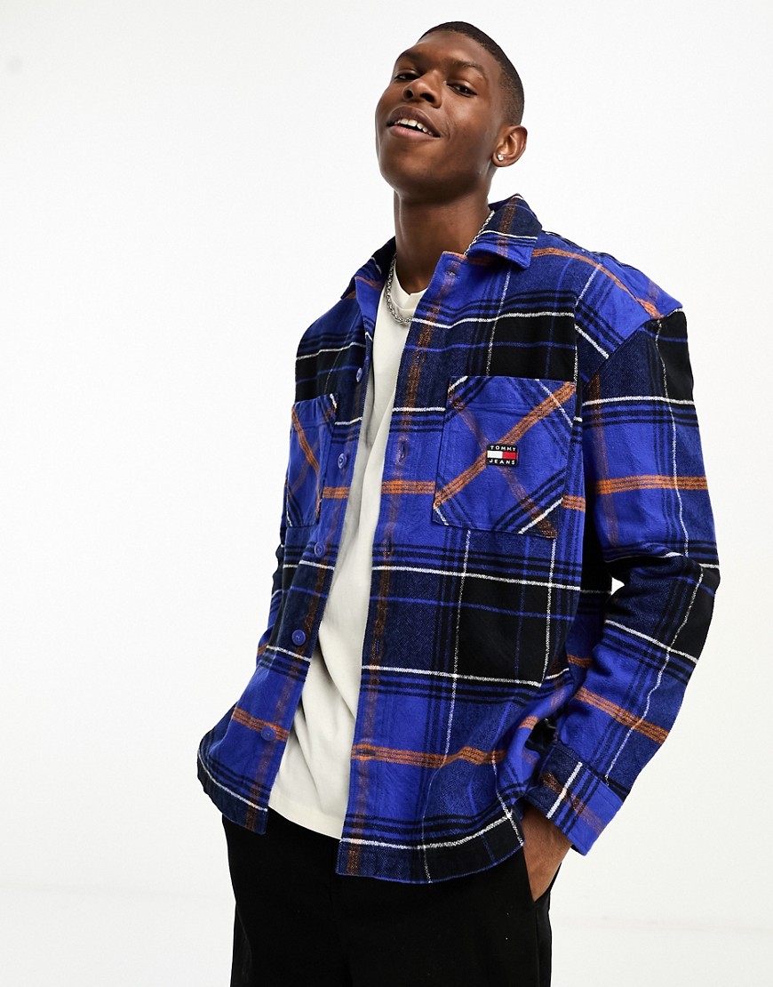Tommy Jeans brushed check overshirt in ultra blue