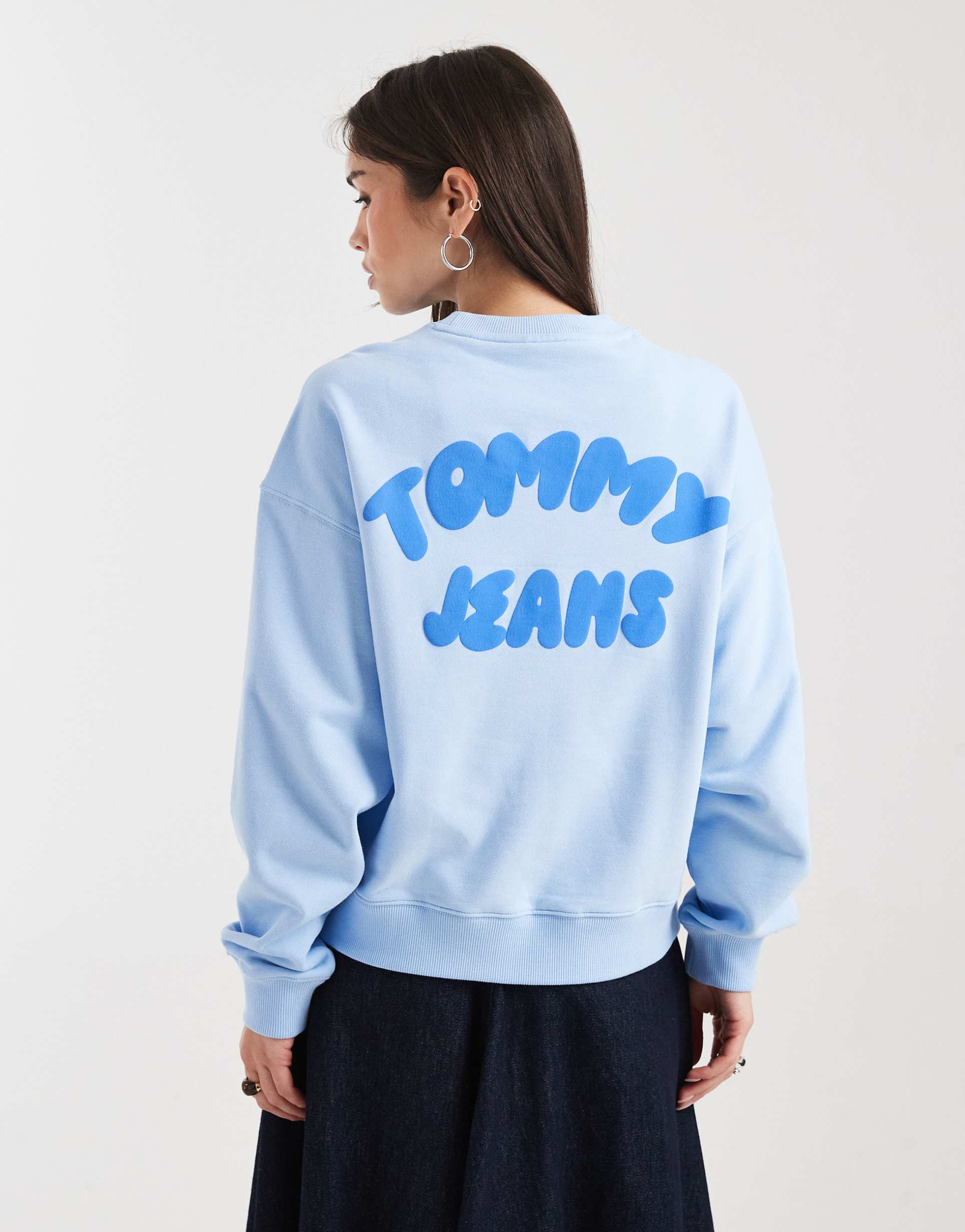 tommy jeans bubble logo boxy fit crew neck sweatshirt in light blue