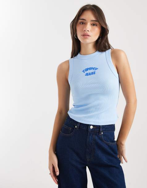 Tommy Jeans bubble logo slim fit singlet in light blue - view 1