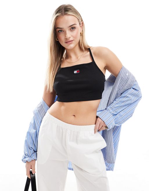 Tommy Jeans – Bustier in Schwarz mit Riemchenträgern und Aufnäher