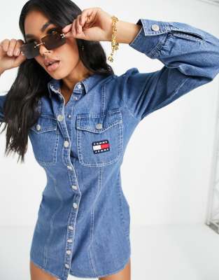 Tommy Jeans button up logo shirt dress in mid indigo chambray