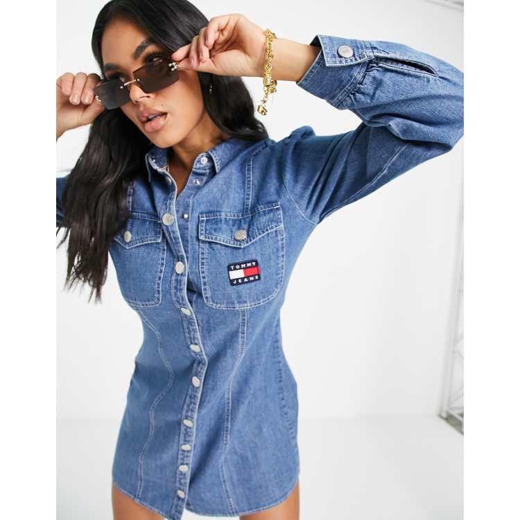 Tommy Jeans button up logo shirt dress in mid indigo chambray