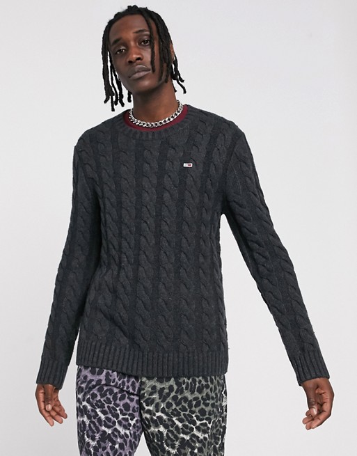 Tommy Jeans cable knit jumper in dark grey with small icon logo