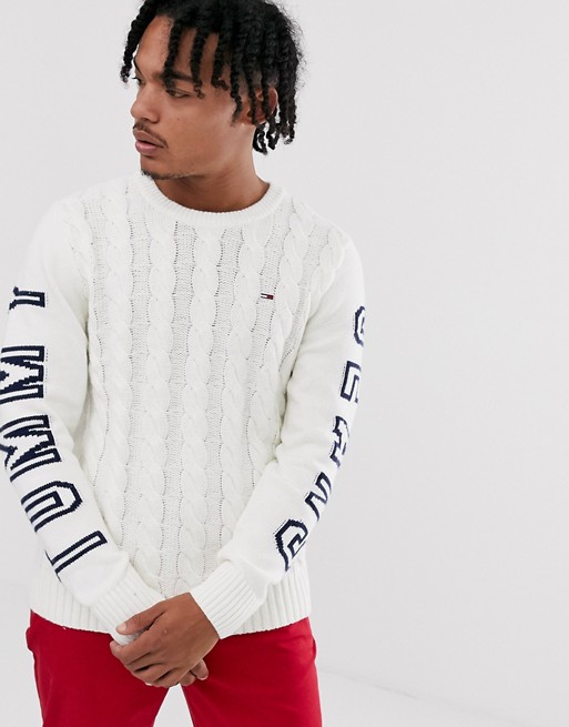 Tommy Jeans cable knit jumper in white with sleeve detail and icon logo