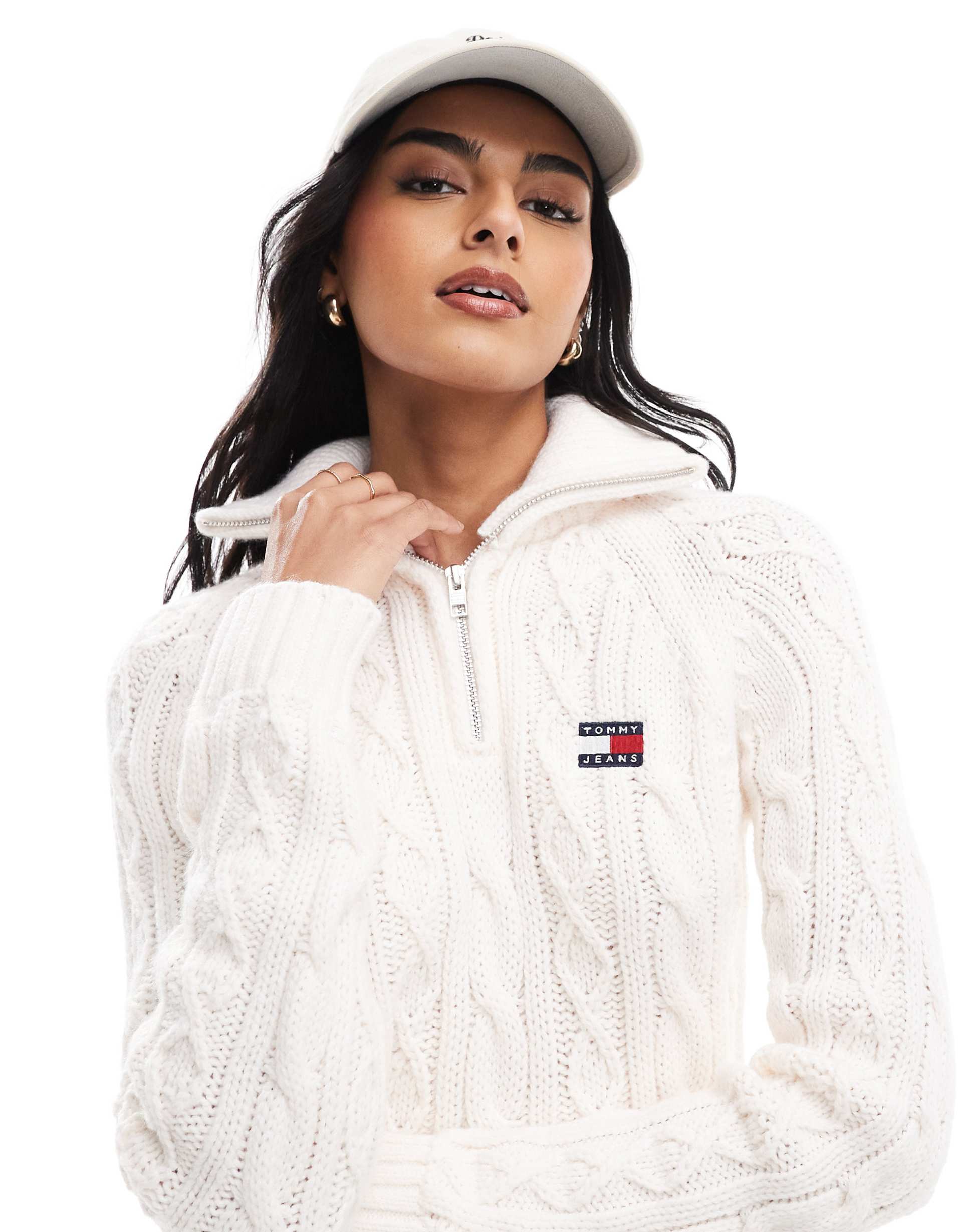 tommy jeans cable knit quarter zip sweater in off-white