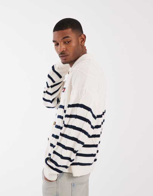 Tommy Jeans cable knit relaxed fit cardigan in cream/navy stripes, 2 of 5