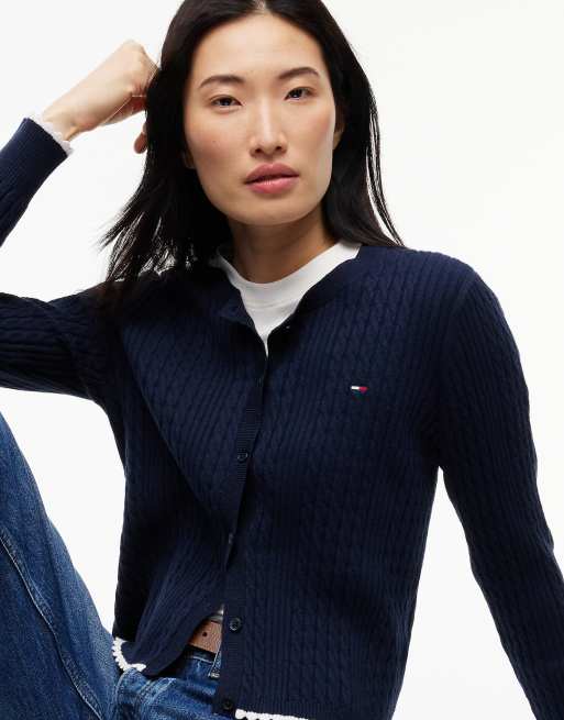 Tommy Jeans Cable knit scalloped trim slim cardigan in dark blue, 3 of 5